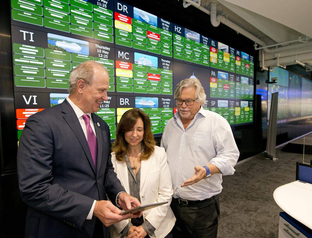 Featuring a 74-foot-long video wall composed of 57 LED screens, the 35,000-square-foot facility is custom-designed for hands-on, around-the-clock monitoring and support of the line’s 26 cruise ships.