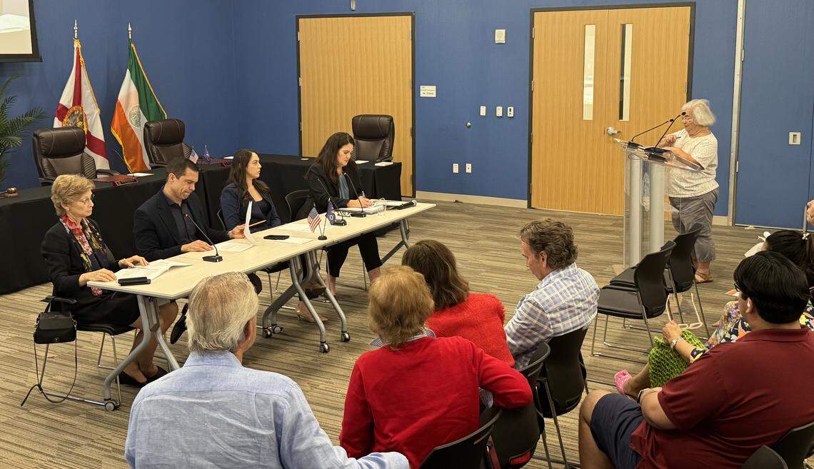 Coral Gables resident Maria Cruz speaks during a town hall in the city’s public safety building on Monday, March 9, 2026. Coral Gables Mayor Vince Lago, who hosted the town hall, was joined by Vice Mayor Rhonda Anderson, Miami-Dade County Commissioner Natalie Milian Orbis and Coral Gables City Attorney Cristina Suarez to discuss ballot questions that will appear in the upcoming vote-by-mail elections.