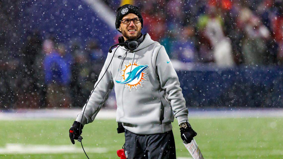 Miami Dolphins head coach Mike McDaniel looks from the sideline during fourth quarter of an NFL football game against the Buffalo Bills at Highmark Stadium on Saturday, December 17, 2022 in Orchard Park, New York.