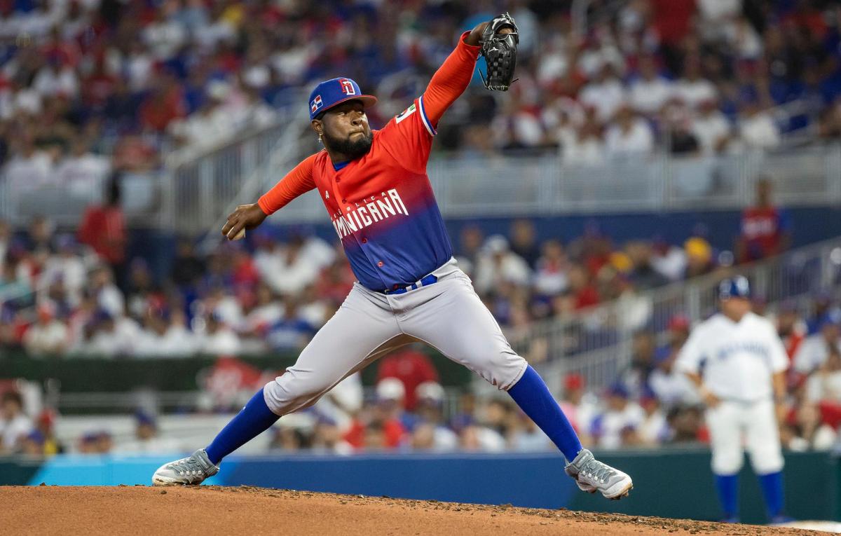 Dominican Republic pitcher Cristian Javier (53) pitches against Nicaragua during the second inning of a Pool D game at the World Baseball Classic at loanDepot Park on Monday, March 13, 2023, in Miami, Fla.