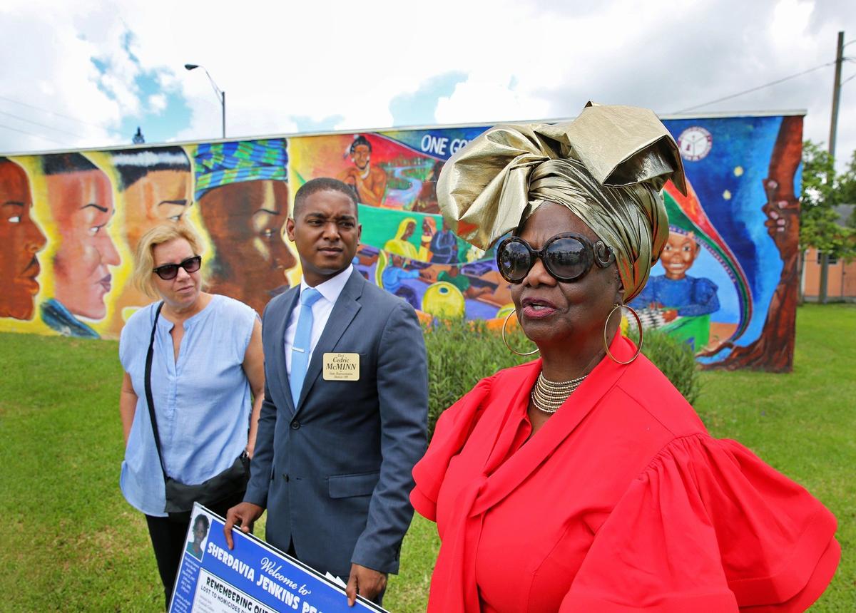 Sunday, July 1, 2018- Miami-Dade County school board member Dr. Dorothy Bendross-Mindigall speaks at Sherdavia Jenkins Peace Park paying tribute to Sherdavia,  who was killed by a stray bullet in 2006 as an annual remembrance is held in her honor. The park is located on the corner of Dr. Martin Luther King Boulevard on NW 62nd street and 12th avenue in Miami. The gathering is to pay tribute to Sherdavia and more than 300 other kids killed in Miami-Dade over the past decade.