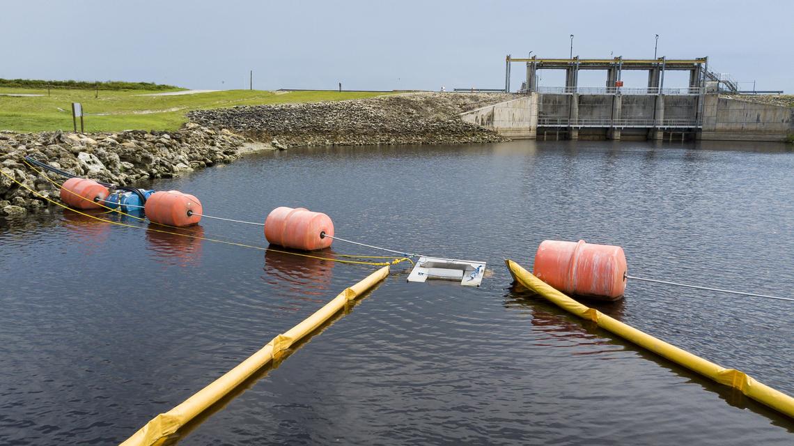 The algae cleanup project uses a skimming system connected to a pump and a high-tech filter. It sucks algae-laced water, cleans it and returns it to this canal near Lake Okeechobee.
