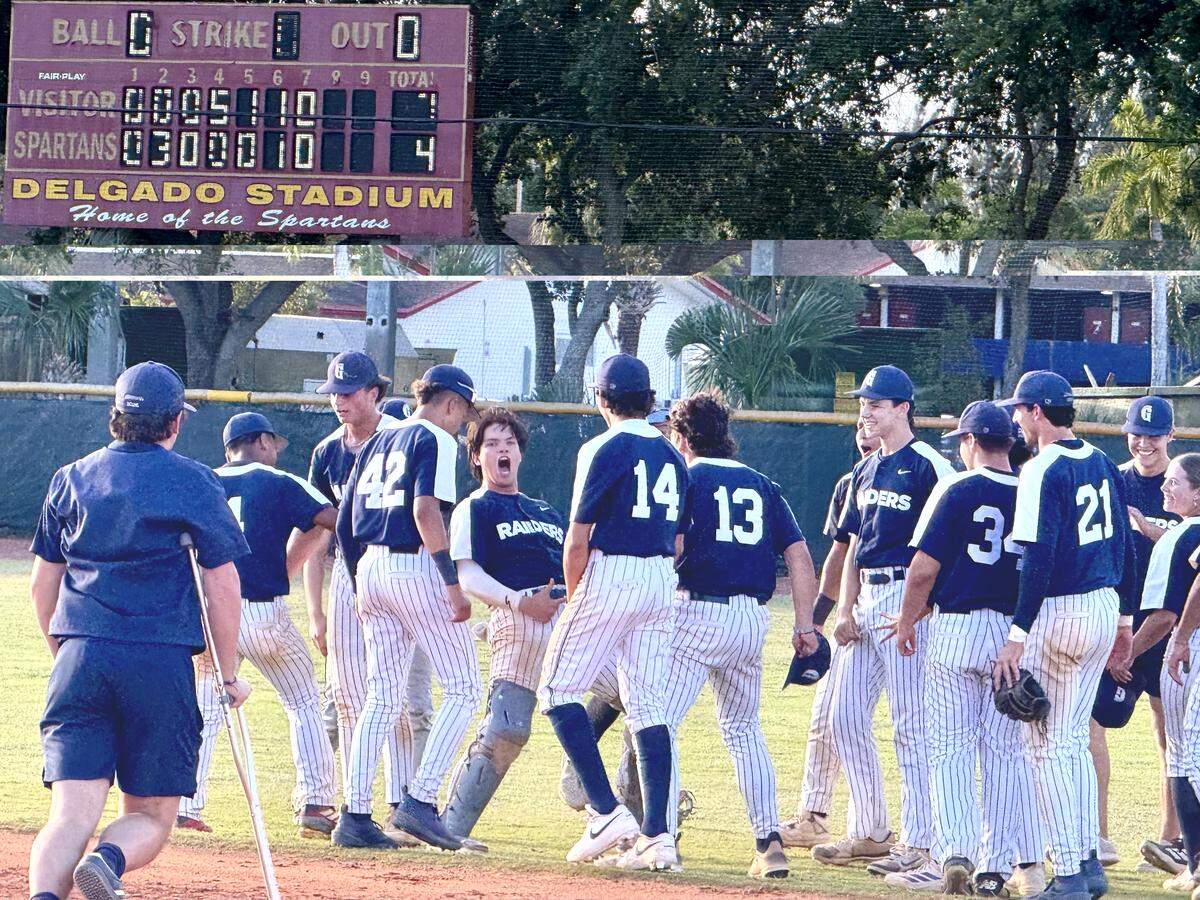 The Gulliver Prep baseball team celebrates after defeating Monsignor Pace in a winner-take-all Class 3A regional semifinal game on Saturday, May 2, 2026, at Monsignor Pace in Miami Gardens, Florida.