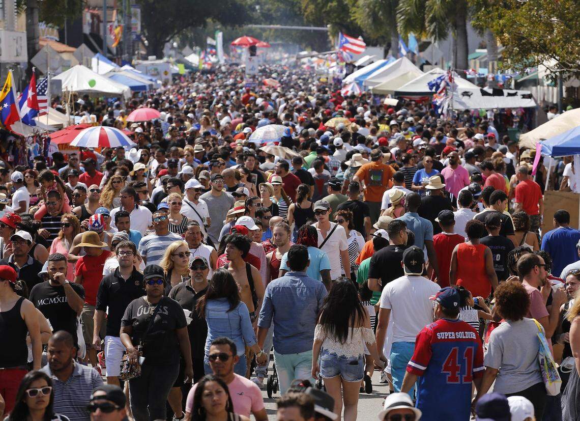 Thousands fill the streets of Southwest Eighth Street for the Carnival Miami Calle Ocho festival in Miami’s Little Havana neighborhood on Sunday, March 6, 2016. The Kiwanis Club of Little Havana invited the community to celebrate the 39th Annual Calle Ocho Festival or “El Festival de la Calle Ocho,” the largest block party in the country. It was vibrating with the sounds of Latin music.
