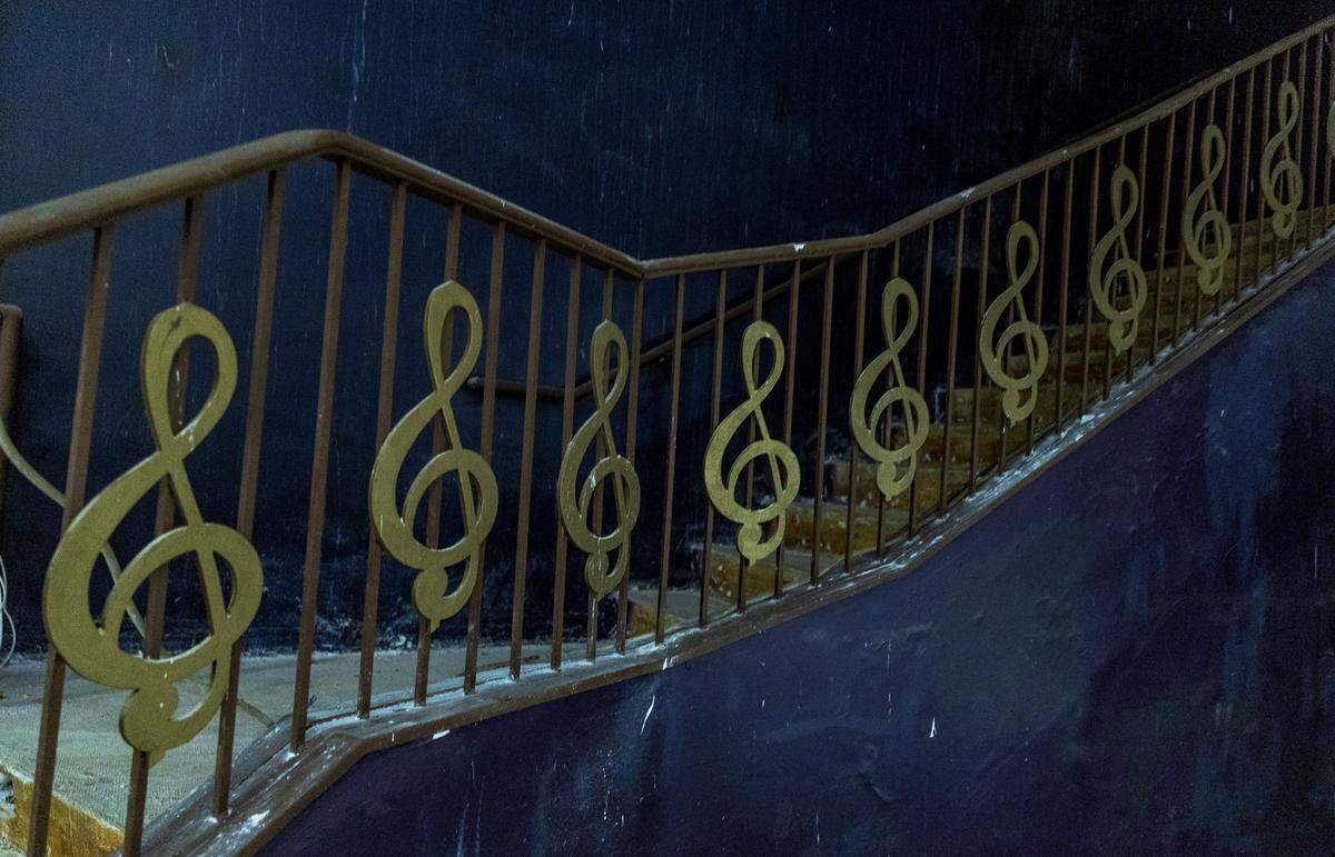 Detail view of the stair's handrail leading to the mezzanine, inside the former Playboy Plaza Hotel Theater, located inside The Castle Hotel, at 5445 Collins Avenue., in Miami Beach. The venue is closed and is up for sale, by the actual owners, on Friday, November 14, 2025.