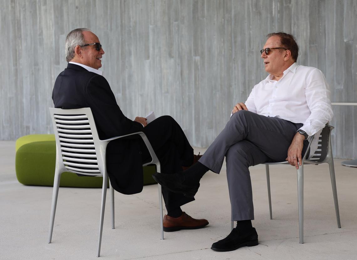 Coastal Construction CEO Tom Murphy Jr., left, and architect Bernardo Fort-Brescia, principal of Arquitectonica, converse beneath the overhanging roof of the University of Miami architecture school’s new Thomas P. Murphy Design Studio Building. Murphy was the principal donor for the building, which was designed by Arquitectonica. The building, named after Murphy’s father, was voted 2018 Building of the Year for the United States by readers of an online architecture journal.