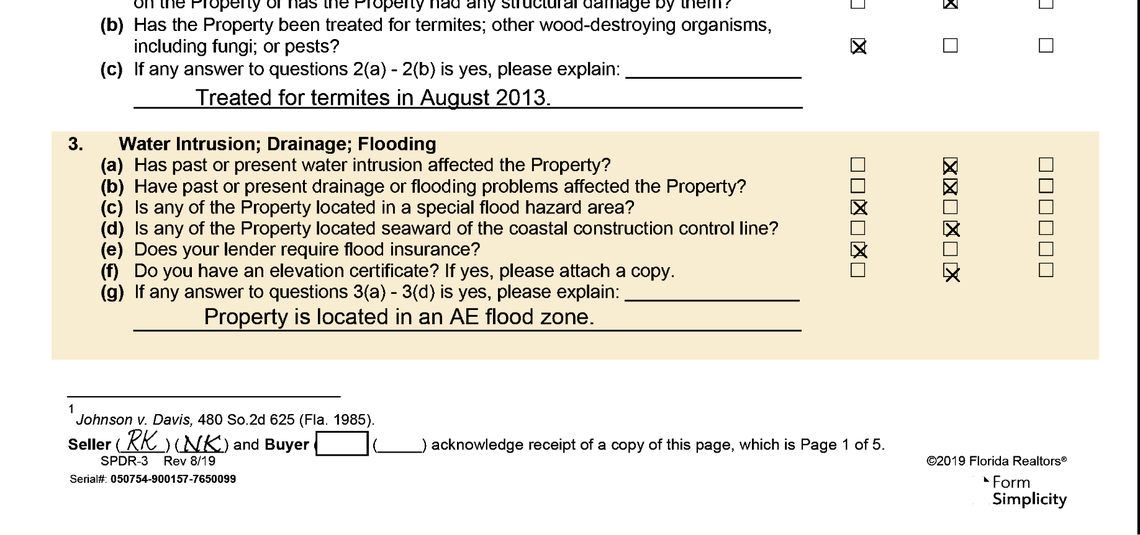 This excerpt from a voluntary real estate disclosure form, which was the norm in Florida before October 2024, shows questions about past flooding on a property. This form is from a lawsuit where a new home buyer accused the sellers of lying about the extent of past floods.