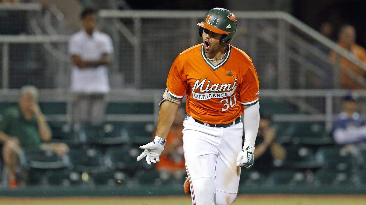 UM’s Alex Toral, shown earlier this season against Georgia Tech, hit a grand slam on Friday, April 5, 2019, to lead the Canes over Florida State at Alex Rodriguez Park at Mark Light Field.