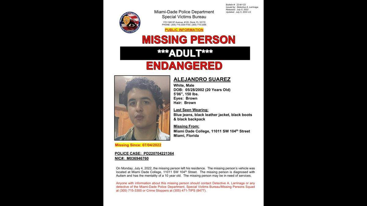 El póster de "persona desaparecida" emitido por la Policía de Miami-Dade, posteriormente anulado.