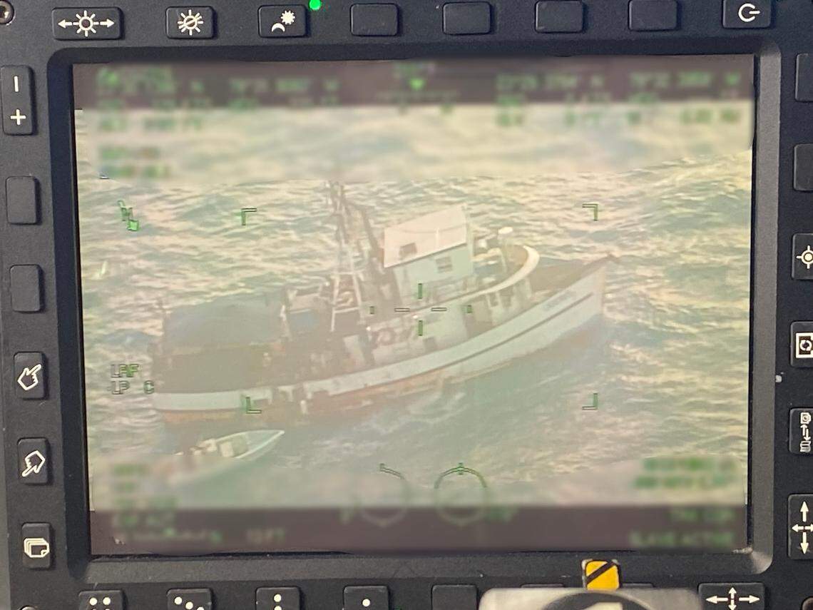 A Bahamian shrimp trawler is seen on a video screen aboard a C-144 Ocean Sentry plane Saturday, Jan. 14, 2023.
