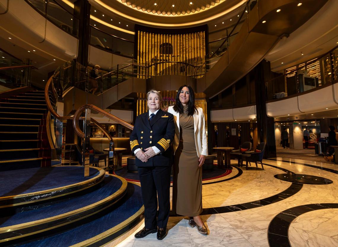 Queen Anne’s Captain, Inger Klein Thorhauge, left, and Cunard President, Katie McAlister, are photographed in the ship’s grand lobby while it is docked at PortMiami on Tuesday, Jan. 21, 2025, in Miami, Fla.