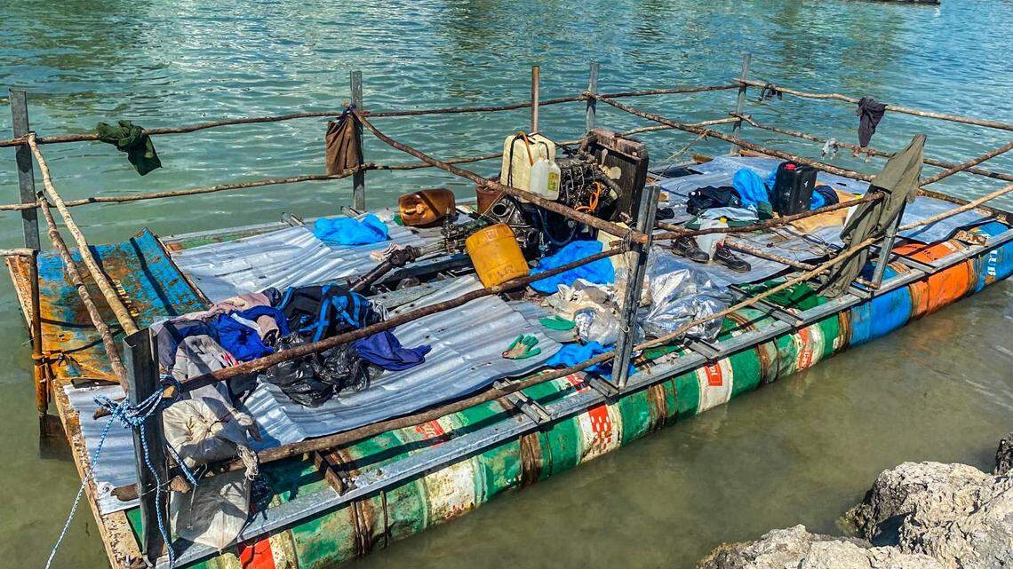A makeshift pontoon boat is moored behind a neighborhood in the city of Marathon in the Florida Keys Tuesday, Feb. 8, 2022. Ten men from Cuba were on the vessel, according to the U.S. Border Patrol.