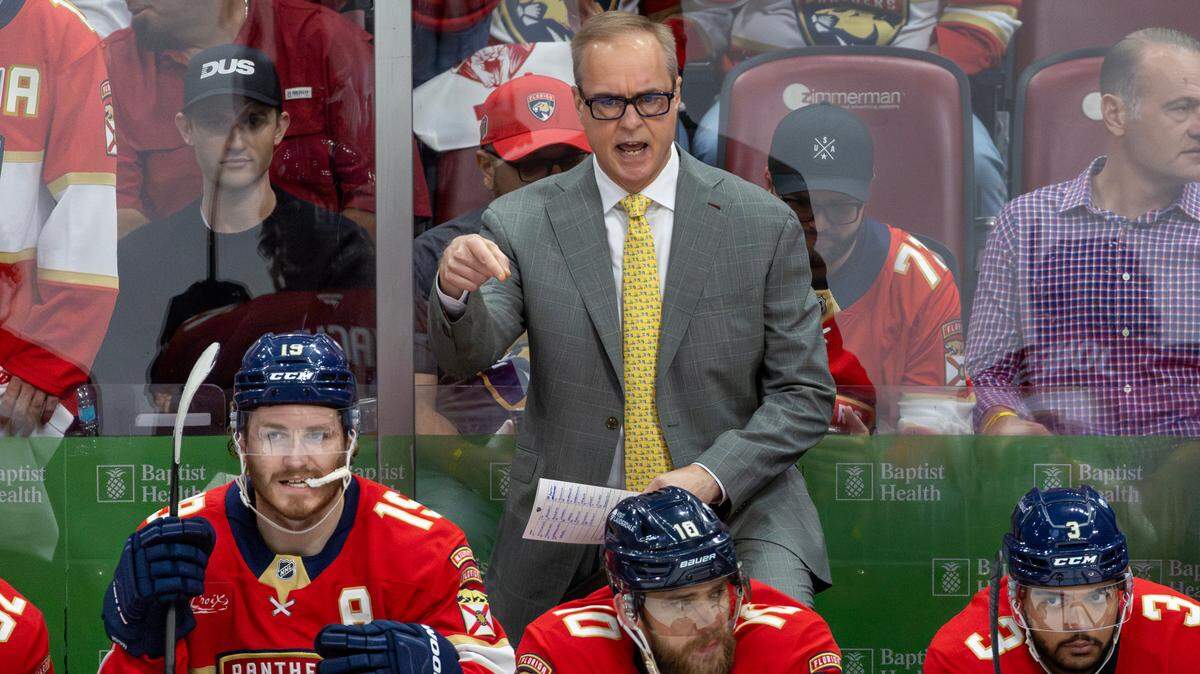 Florida Panthers head coach Paul Maurice gestures during the first period of Game 3 in the Eastern Conference Final against the Carolina Hurricanes, Saturday, May 24, 2025, at Amerant Bank Arena in Sunrise, Fla.