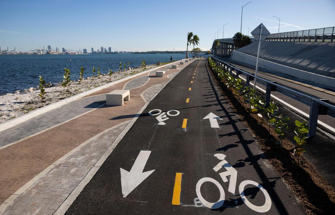 A view of a bike and pedestrian path at Hobie Island Beach Park North along the Rickenbacker Causeway, part of a $14 million makover to revitalize the eroded shoreline and beach and improve a popular destination for runners and bicyclists.