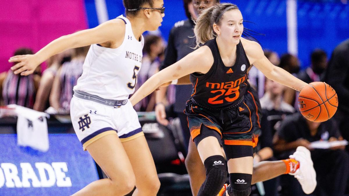 March 5, 2022: Miami guard Karla Erjavec (25) takes on Notre Dame defenders in the 2022 ACC Women’s Basketball Tournament at Greensboro Coliseum in Greensboro, NC. (Scott Kinser/ACC)