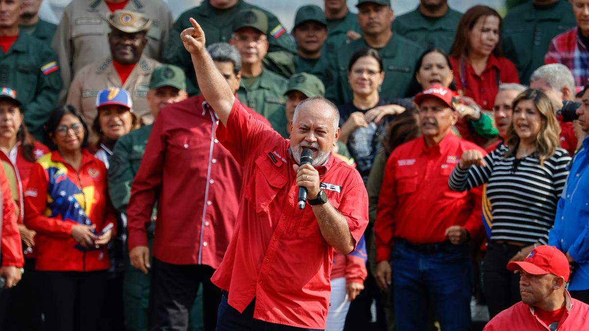 Lawmaker Diosdado Cabello, also vice president of the ruling United Socialist Party of Venezuela, speaks during a rally marking the 21st anniversary of the return to power of Hugo Chávez after a failed coup attempt. This was in Caracas on Thursday, April 13, 2023.