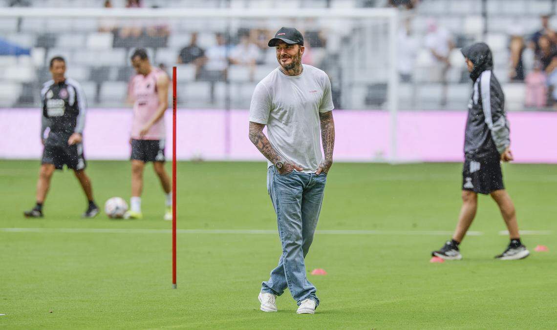 Inter Miami CF co-owner David Beckham looks on as the team practices at the new 26,700-seat Nu Stadium at Miami Freedom Park on Thursday, April 2, 2026, in Miami.