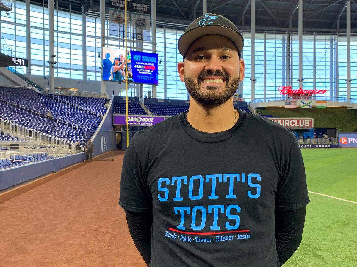 Miami Marlins pitcher Pablo Lopez wears a “Stott’s Tots” T-shirt made to pay homage to pitching coach Mel Stottlemyre Jr. on Tuesday, May 17, 2022, at loanDepot park.
