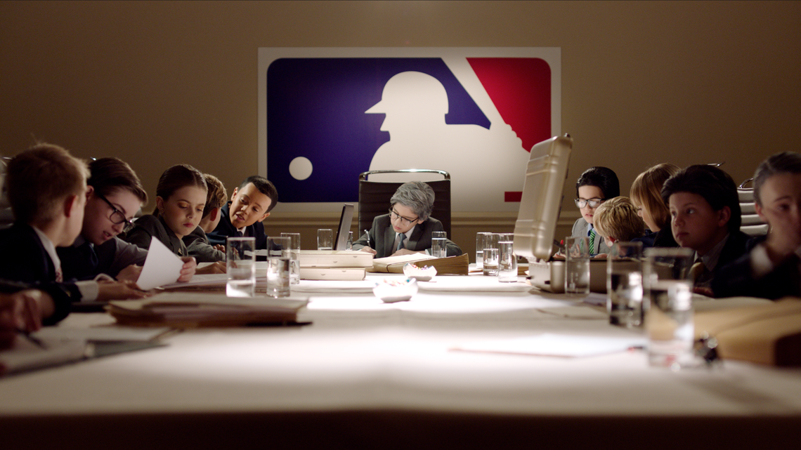 An MLB arbitration meeting in a scene from ‘Screwball.’