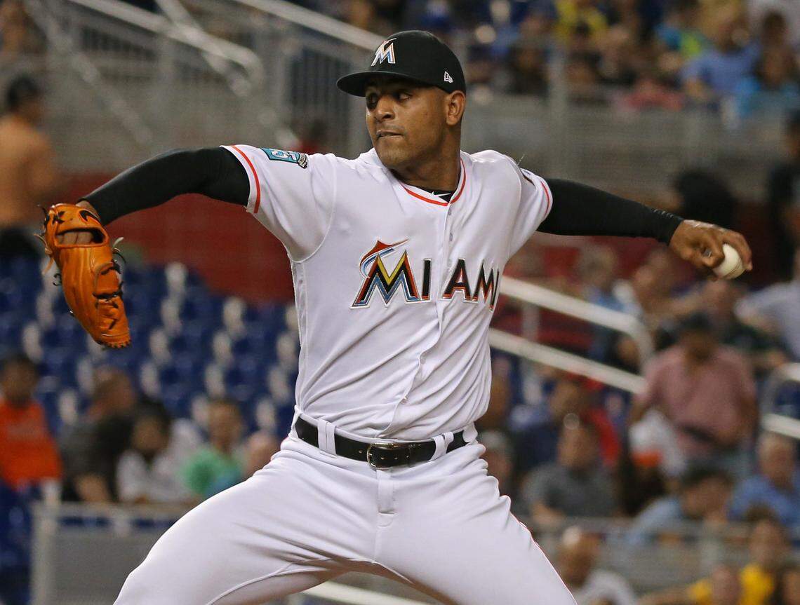 Miami Marlins pitcher Jarlin Garcia pitches during the fourth inning of a Major League Baseball interleague game against the New York Yankees at Marlins Park on Thursday, August 23, 2018.