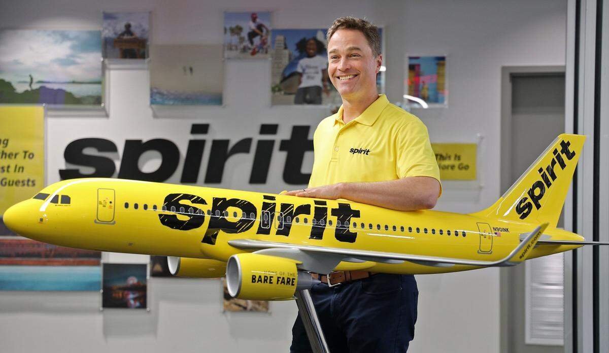 On Feb. 7, 2019, Ted Christie, president and CEO of Spirit Airlines, was photographed at the company’s corporate headquarters. Spirit has turned around its departure and arrivals time rankings from the bottom to near the top.