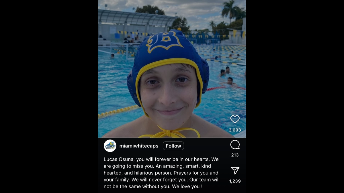 This was part of a five-photo Instagram post about Lucas Osuna from Miami Whitecaps Water Polo Club, based at Belen Jesuit Preparatory School. Osuna died Friday, March 28, while with his Belen team at the Ransome Everglades Invitational tournament.