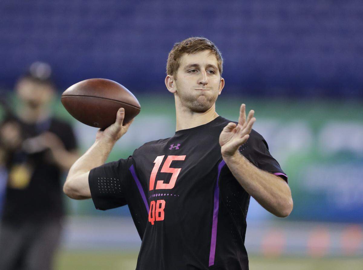 UCLA quarterback Josh Rosen throws during a drill at the NFL football scouting combine, Saturday, March 3, 2018, in Indianapolis.