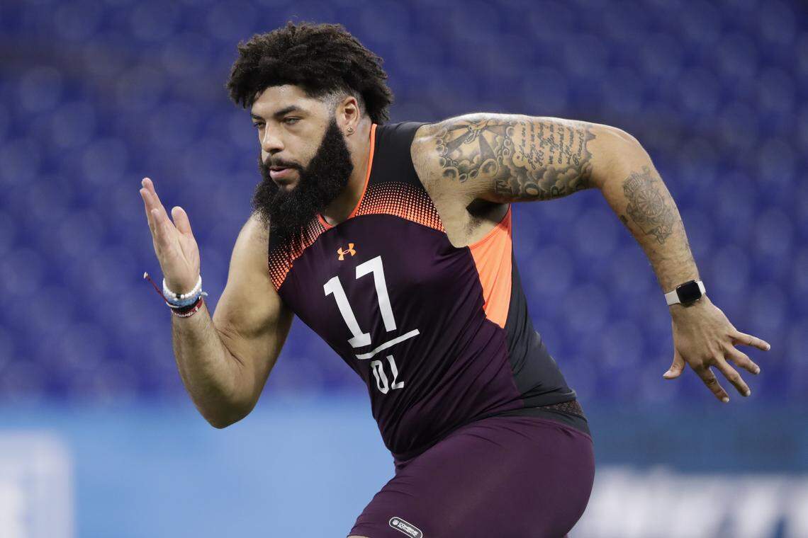 Oklahoma offensive lineman Cody Ford runs a drill at the NFL football scouting combine in Indianapolis. Ford is a possible pick in the 2019 NFL Draft.