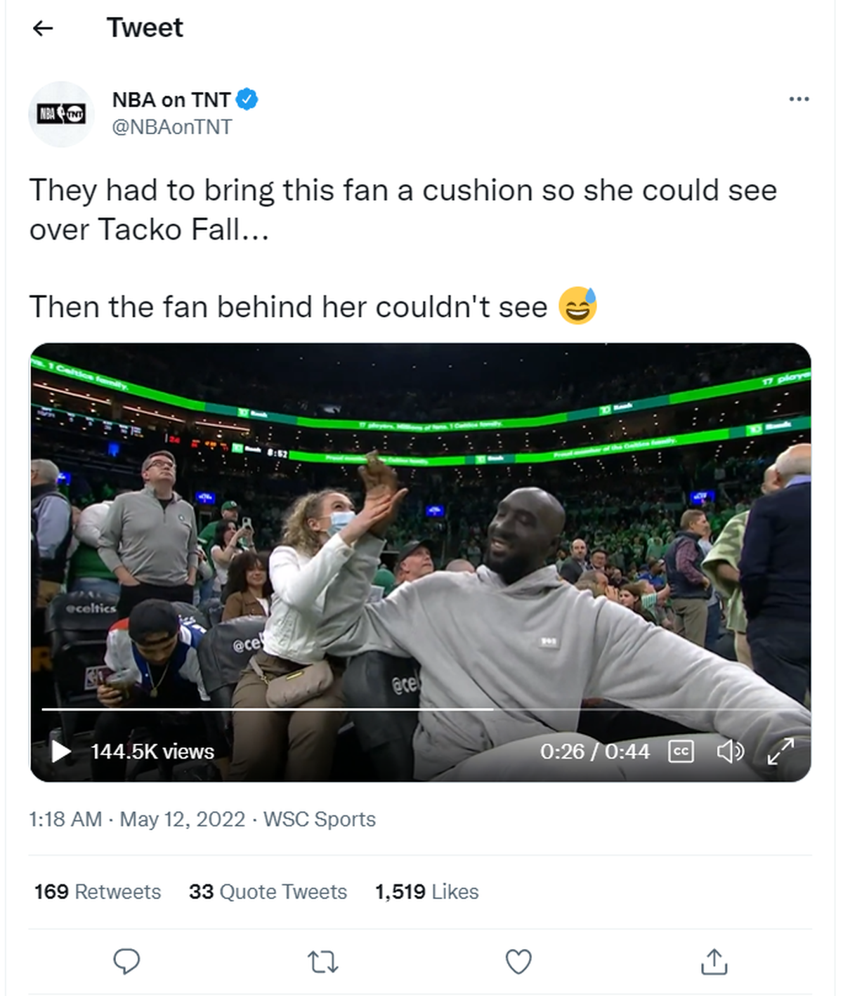 Former Celtics and UCF player Tacko Fall’s 7-foot-6 height caused TD Garden staff to supply a booster seat for the fan sitting behind him for Game 5 of the Boston Celtics game against the Milwaukee Bucks on Wednesday, May 11, 2022.