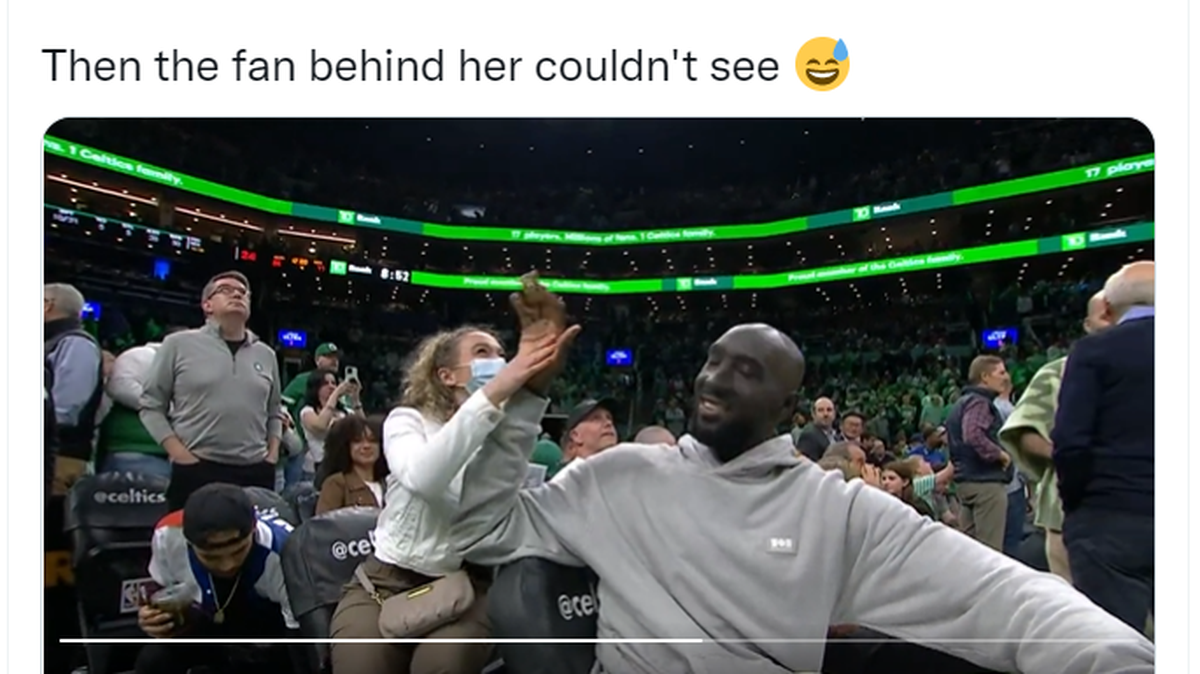 Former Celtics and UCF player Tacko Fall’s 7-foot-6 height caused TD Garden staff to supply a booster seat for the fan sitting behind him for Game 5 of the Boston Celtics game against the Milwaukee Bucks on Wednesday, May 11, 2022.