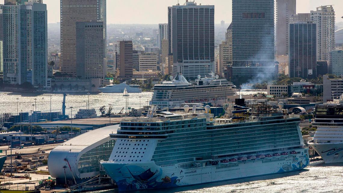 The Norwegian Escape cruise ship sits docked at PortMiami in Miami, Florida, on Monday, May 4, 2020.