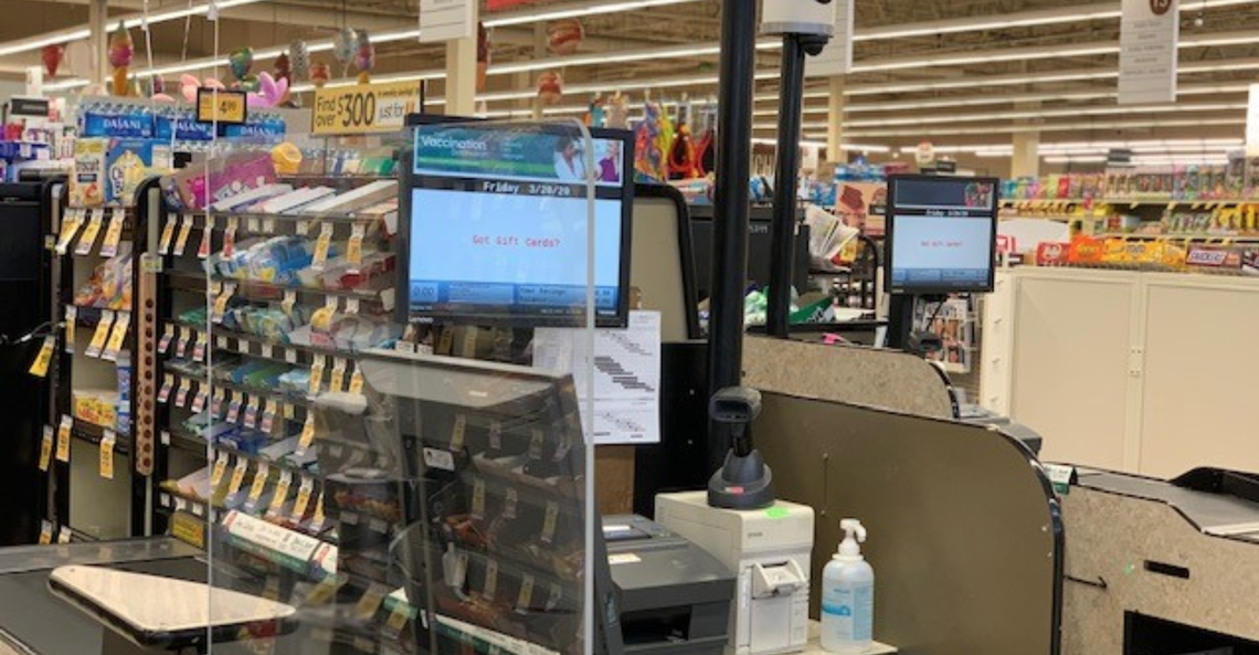Albertsons is among several retailers using sneeze guards — plexiglass barriers — to help prevent the spread of coronavirus.