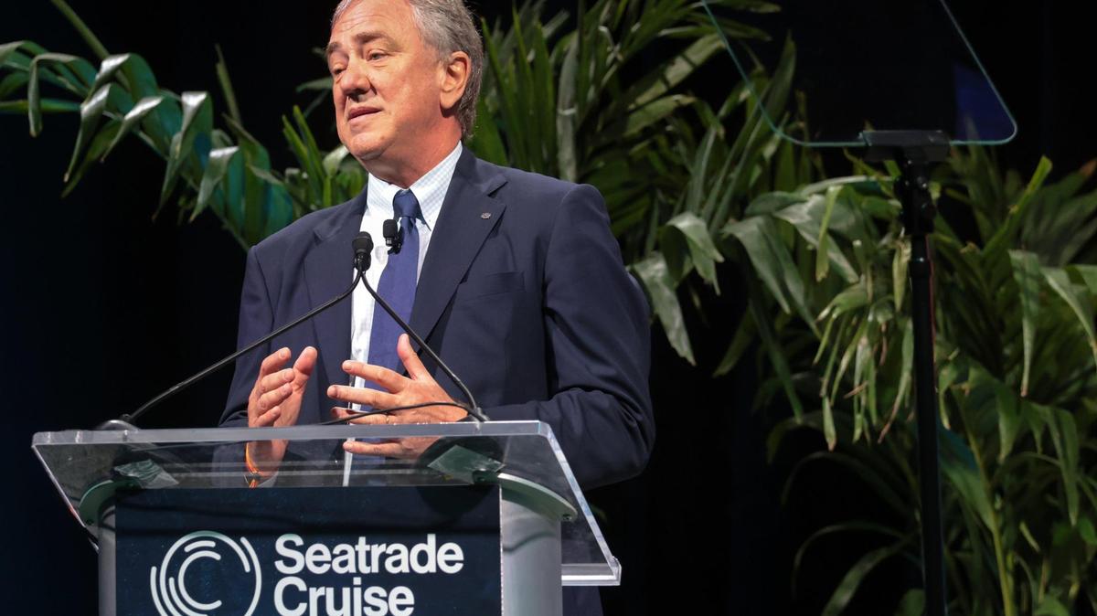 Global chairman of Cruise Line International Association Pierfrancesco Vago gives a speech Tuesday at Seatrade global cruise conference at the Miami Beach Convention Center.