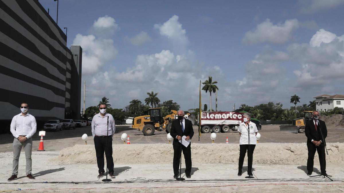 Miami, Florida, September 3, 2020-Miami-Dade Mayor, Carlos Gimenez (center) speaks during the groundbreaking of Brightline’s new Aventura station.