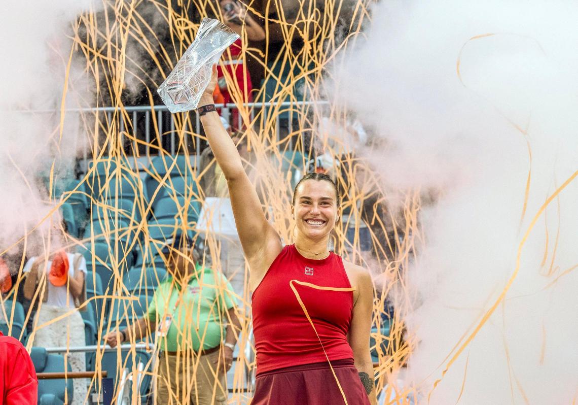 Aryna Sabalenka (1), of Belarusian holds the Butch Buchholz trophy after wining 7-5, 6-2, against Jessica Pegula (4), of USA, in the women’s singles final at the Miami Open 2025 tennis tournament, at the Hard Rock Stadium, on Saturday, March 29, 2025.