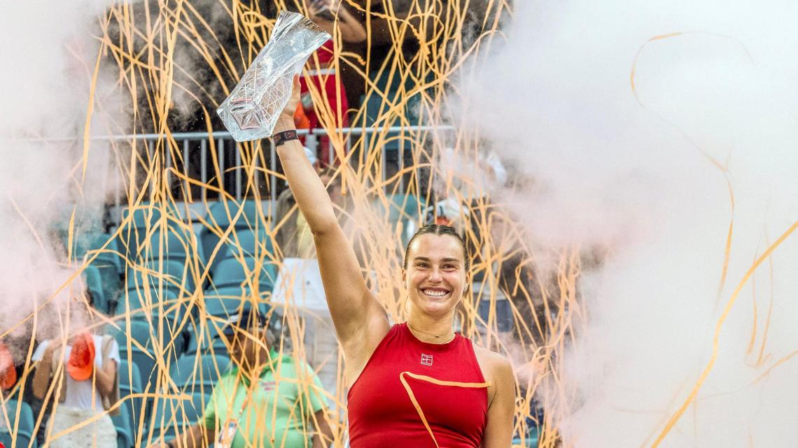 Aryna Sabalenka (1), of Belarusian holds the Butch Buchholz trophy after wining 7-5, 6-2, against Jessica Pegula (4), of USA, in the women’s singles final at the Miami Open 2025 tennis tournament, at the Hard Rock Stadium, on Saturday, March 29, 2025.