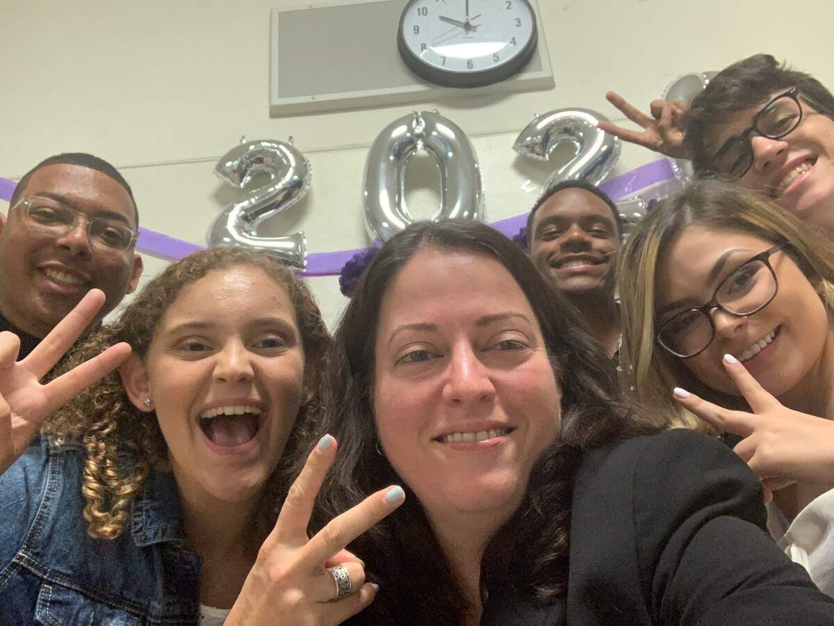Miami Lakes Educational Center activities director Helena Castro pictured with class officers in pre-coronavirus times. From left to right, Kamari West, Yasmine Mezawi, Jaden Gonzalez, Natalia Reboredo, and Marlon Masia.