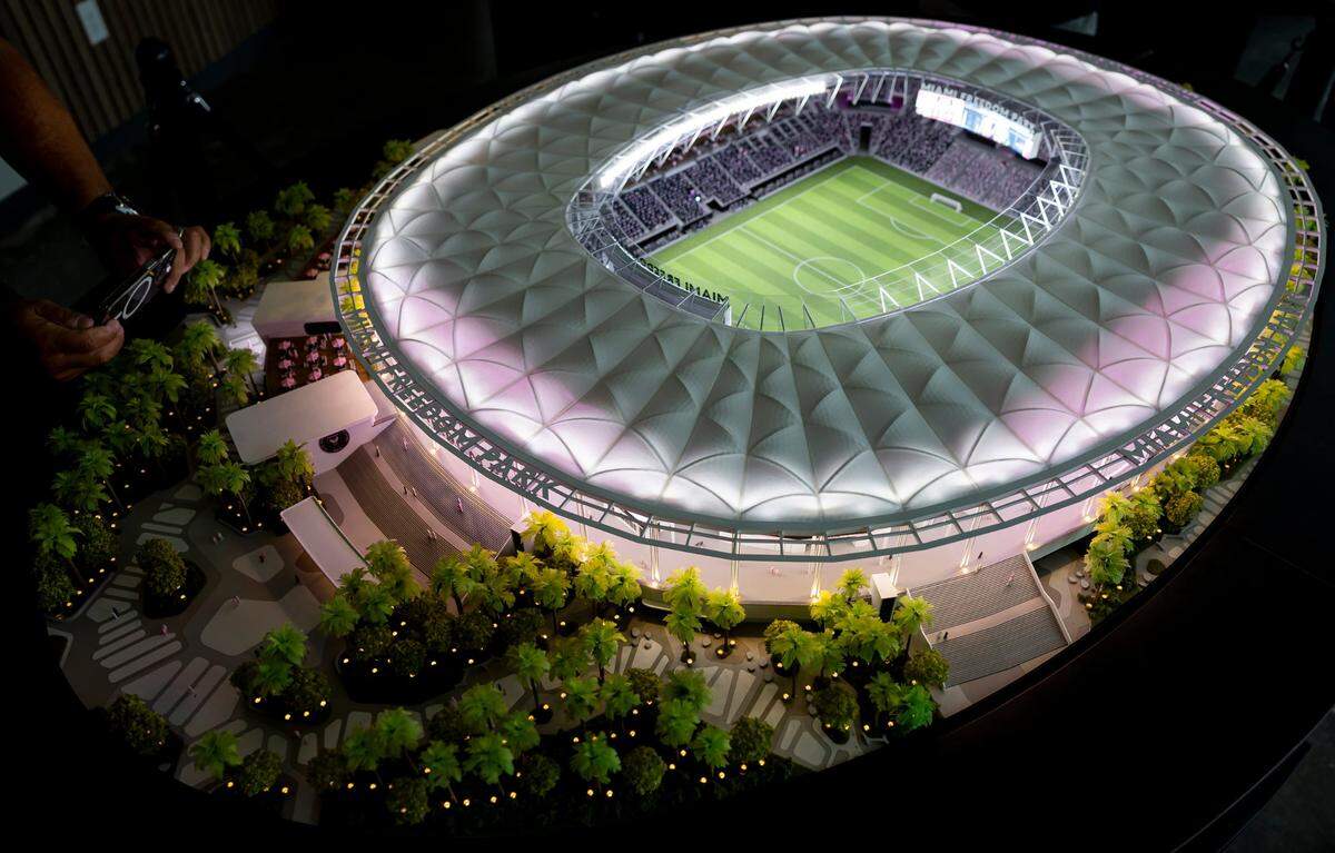 Una vista de un modelo 3D que proyecta cómo quedará el estadio del Inter Miami en el Miami Freedom Park.