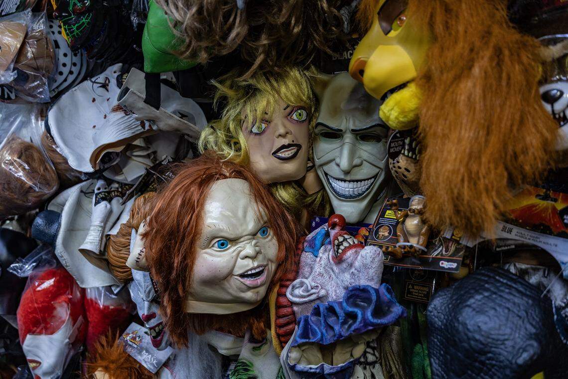 View of several popular masks for sale ahead of Halloween, at the famous La Casa De Los Trucos (The House of Tricks), one of the world’s oldest active costume establishments, located at 1343 SW 8th Street, Little Havana, on Wednesday, October 1, 2025.