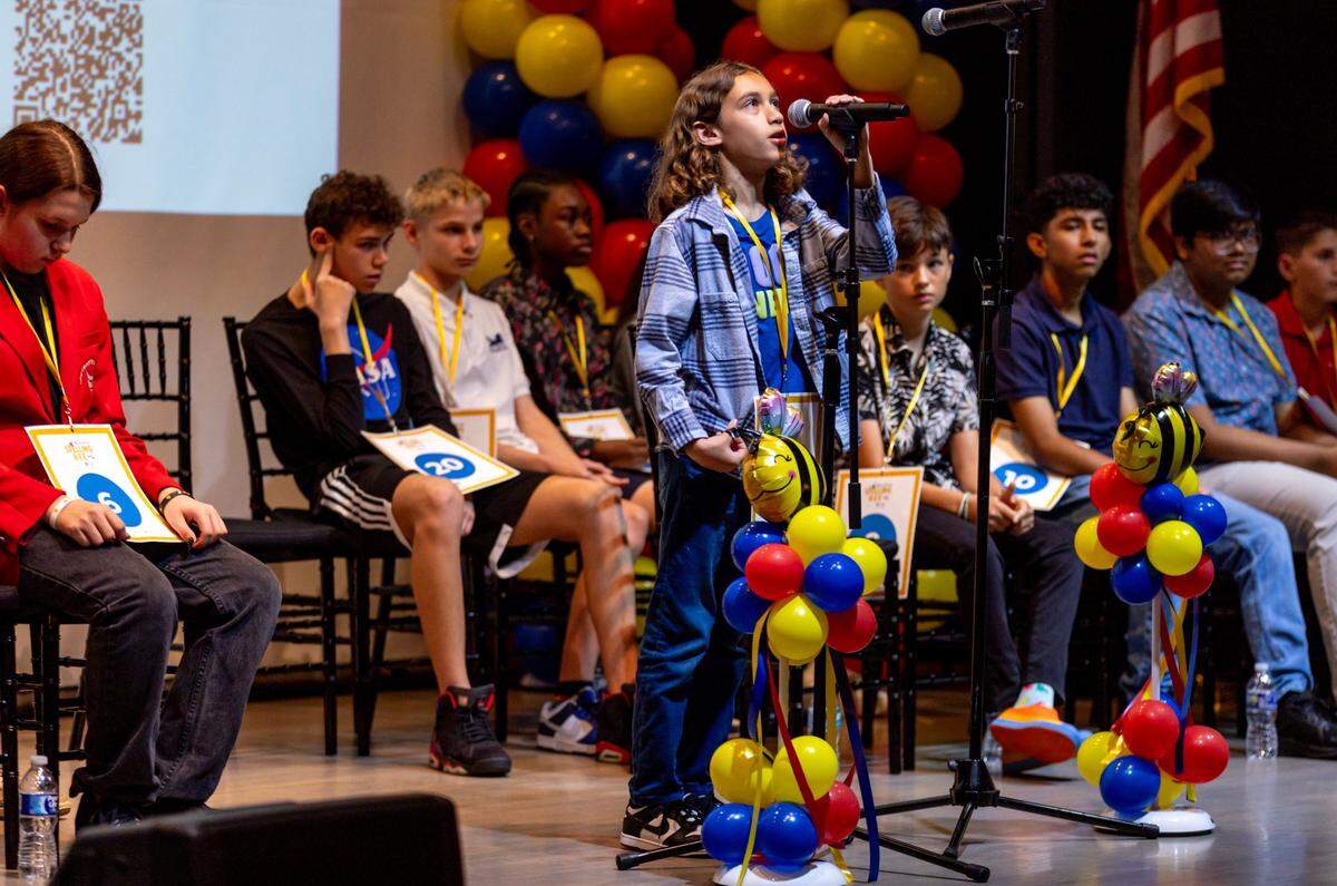 Lancaster Gramer from Franklin Academy Charter spells a word during the 3rd round of the Miami Herald Broward County Spelling Bee at NSU Art Museum in Fort Lauderdale, Florida on Thursday, March 7, 2024.