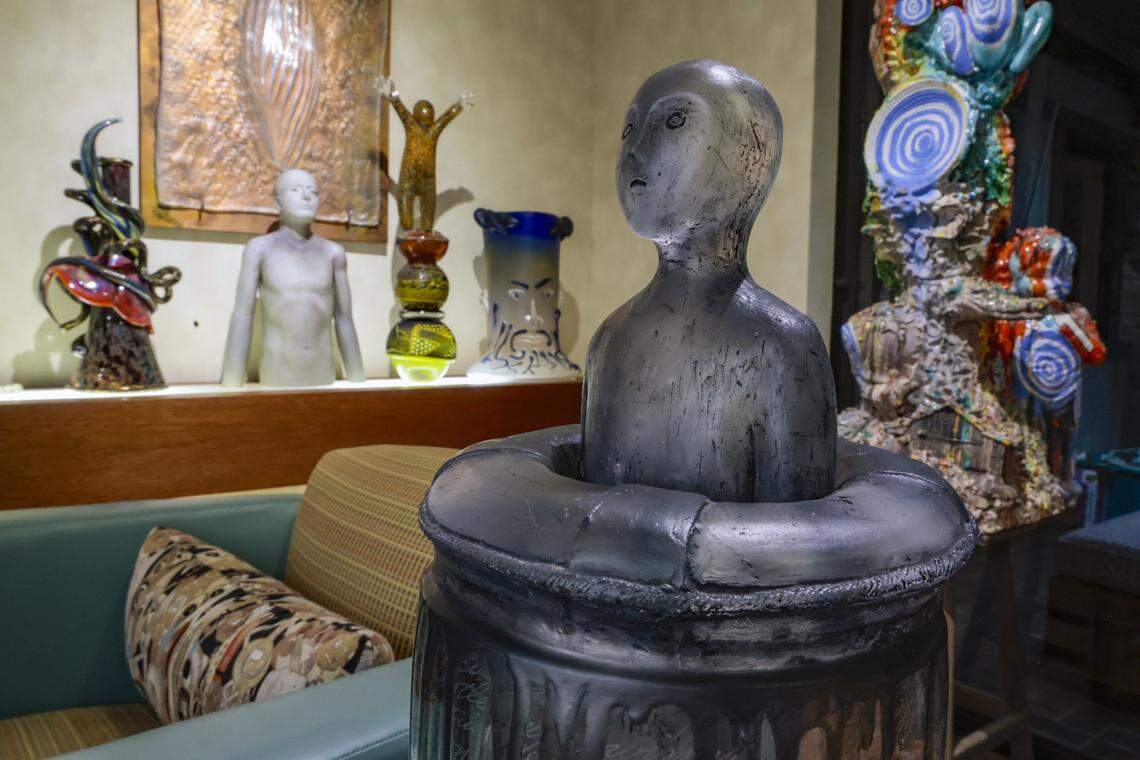 Glass sculpture by Michael Rogers along with various scultures by Dale Chihuly, Martin Janecki, John Brekke, Linda Ross, Dan Dailey, and ceramicist Michael Lucero at the Palley family home of Donna Kass and Lisa Palley with many of their parents' art collection in Miami on Wednesday, September 10, 2025.