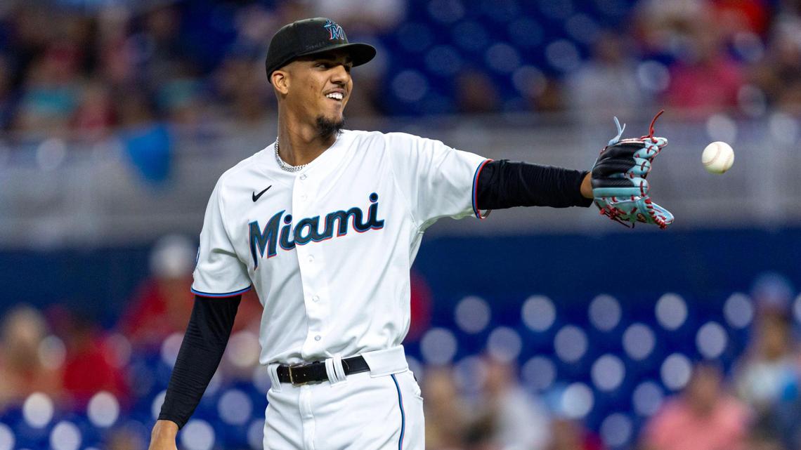 Miami Marlins pitcher Eury Perez (39) reacts after a pitch during the second inning of an MLB game against the St. Louis Cardinals at loanDepot park in the Little Havana neighborhood of Miami, Florida, on Thursday, July 6, 2023.