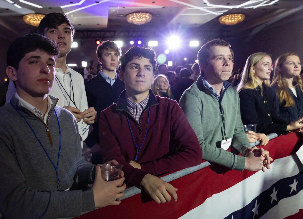 Supporters of former United Nations Ambassador Nikki Haley watch as results are announced during a primary night watch party at the Grappone Conference Center on Tuesday, Jan. 24, 2024, in Concord, New Hampshire. Haley placed second against former President Donald Trump in the state’s Republican presidential primary.