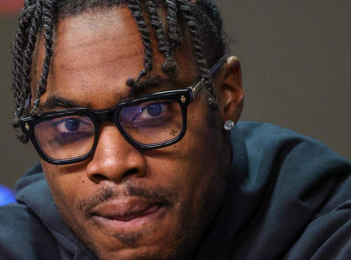 Miami Heat point guard Davion Mitchell makes his first public statement as a Heat player during his&nbsp;introductory press conference at Kaseya Center in Miami, Florida, on Sunday, Feb. 9, 2025.