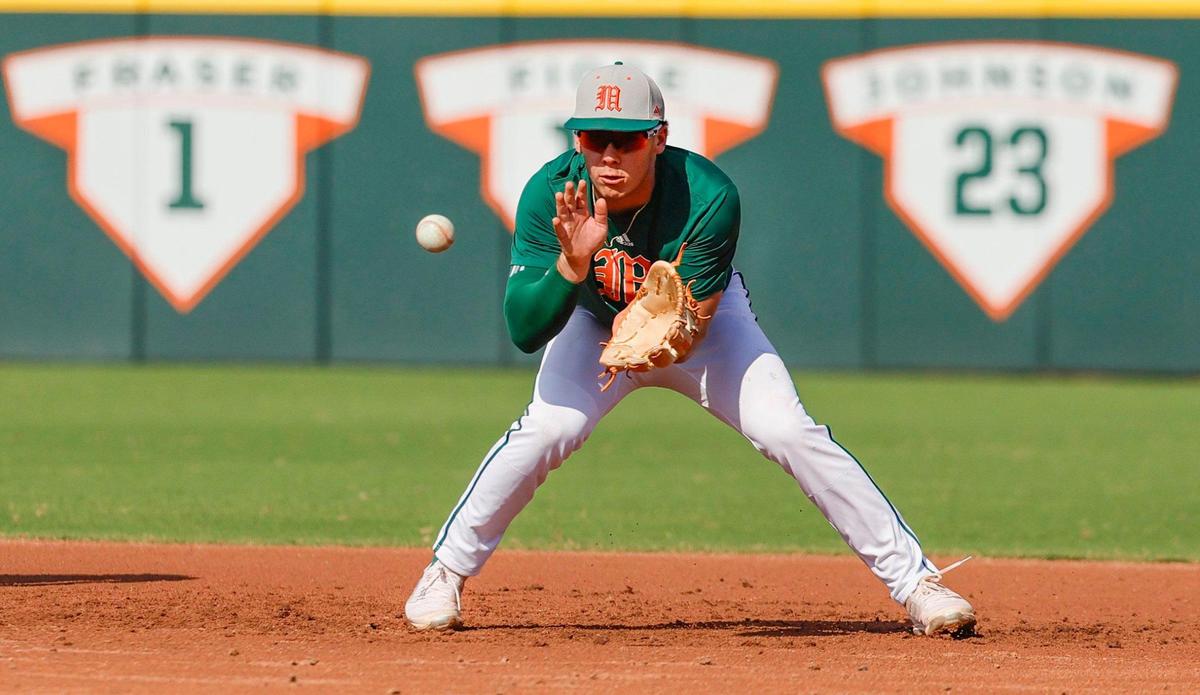 Miami Hurricanes infielder Blake Cyr (4) fields the ball during practice drills at Miami Hurricanes Media Day at Alex Rodriguez Park at Mark Light Field in Coral Gables, Florida on Tuesday, February 13, 2024.