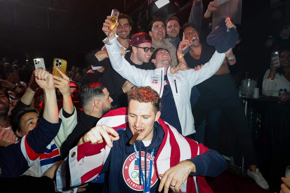 MIAMI, FLORIDA - FEBRUARY 23: Matthew Tkachuk and Team USA Men's Hockey attends a celebration of the USA Men's Hockey Team's Olympic Gold at E11EVEN Miami on February 23, 2026 in Miami, Florida.  (Photo by Alexander Tamargo/Getty Images for E11EVEN Miami)