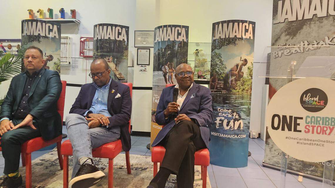 Jamaica Tourism Minister Edmund Bartlett, far right, at a recent event in Plantation, FL announcing that on Monday Dec. 15, 2025 that the country will reopen tourism. The Caribbean nation was recently battered by a Category 5 Hurricane Melissa. To his right Donovan White of the Jamaica Tourist Board and far right, Miami Consul General Oliver Mair.