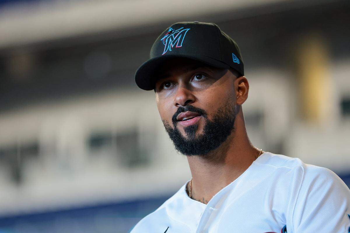 Miami Marlins starting pitcher Sandy Alcantara (22) looks on from the field during media day at loanDepot park on Friday, Feb. 6, 2026, in Miami, Fla.
