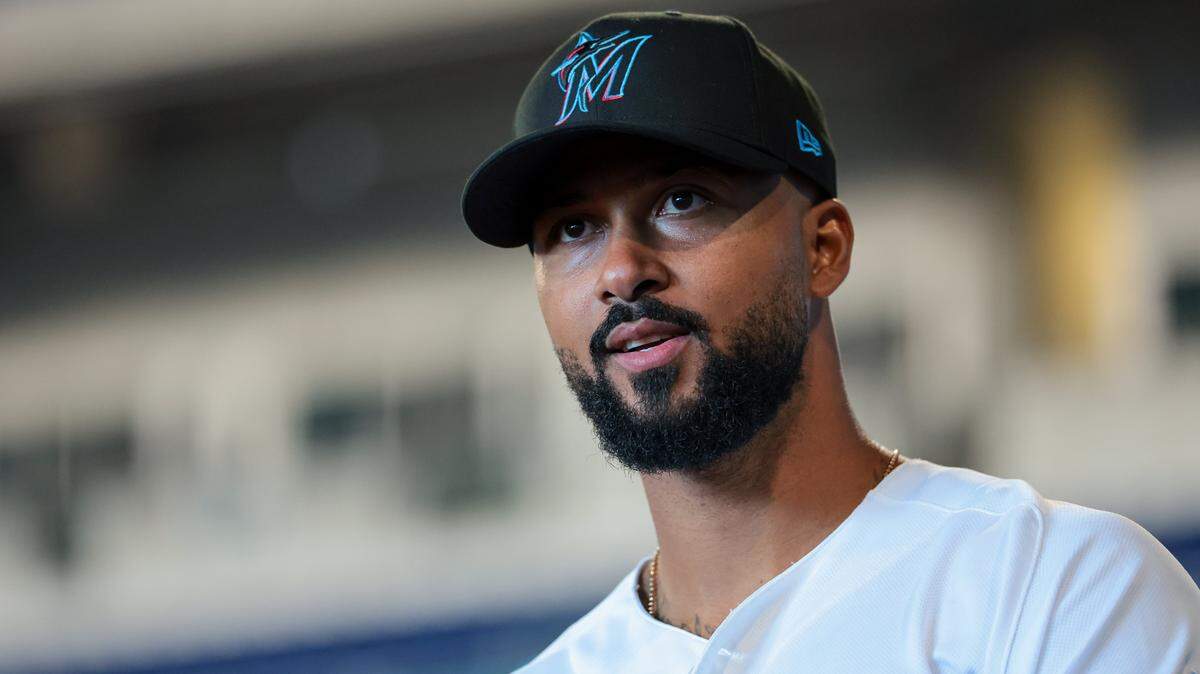 Miami Marlins starting pitcher Sandy Alcantara (22) looks on from the field during media day at loanDepot park on Friday, Feb. 6, 2026, in Miami, Fla.