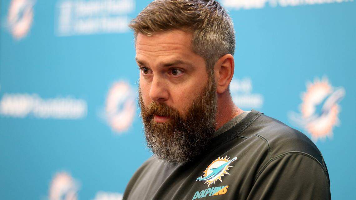 Defensive coordinator Matt Burke, talks to the media at the Miami Dolphins training facility in Davie on Saturday.
